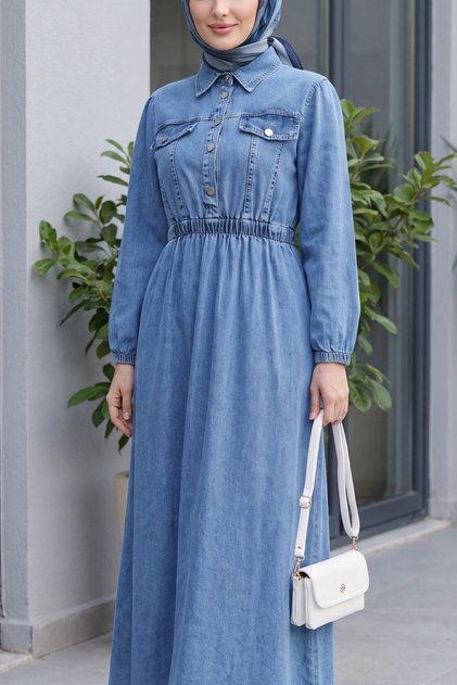Elastic-Waist Half-Buttoned Denim Dress -Ice Blue