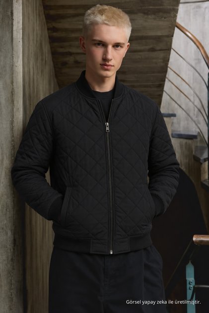Men's Quilted Coat Bomber Collar Zippered Sports Black Jacket