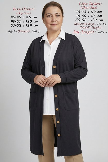 Plus Size Women's Seasonal Ribbed Knitted Long Mother Cardigan Medium Thick Twisted Fabric Anti-Pilling Buttoned