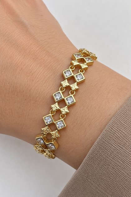 Gold Color Square Stone Detailed Geometric Patterned Women's Steel Bracelet Does Not Tarnish and Does Not Lose Color