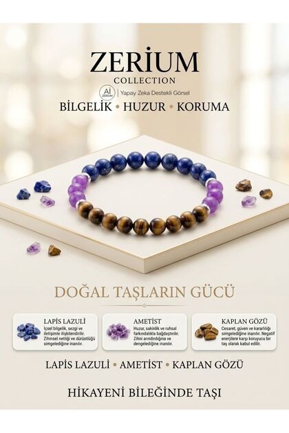 Real Natural Stone Bracelet Wisdom - Peace and Protection Lapis Lazuli Amethyst and Tiger's Eye Stone
