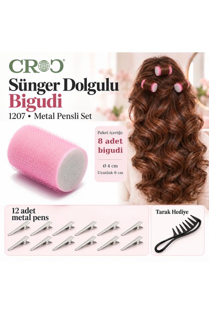 Pembe Cırtlı Sünger Bigudi 8Li Çap 4Cm + (12Li Alüminyum Saç Pensi) (1207A)