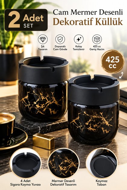 2 Adet Siyah Bronz Mermer Desenli Dekoratif Cam Kokusuz Küllük Kül Tablası Seti 425 Cc