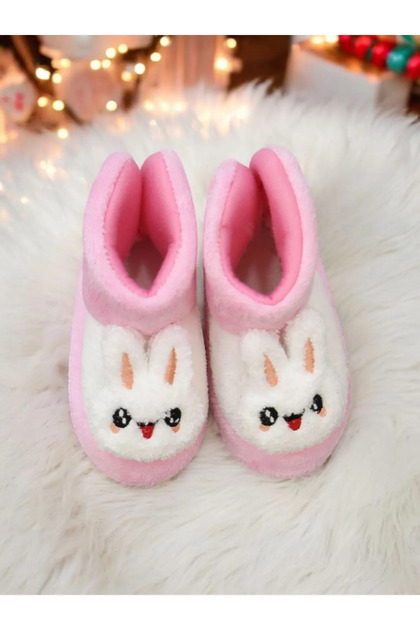 Kız Çocuk Pembe Tavşanlı Panduf Kışlık Yumuşak Peluş Ev Ayakkabısı