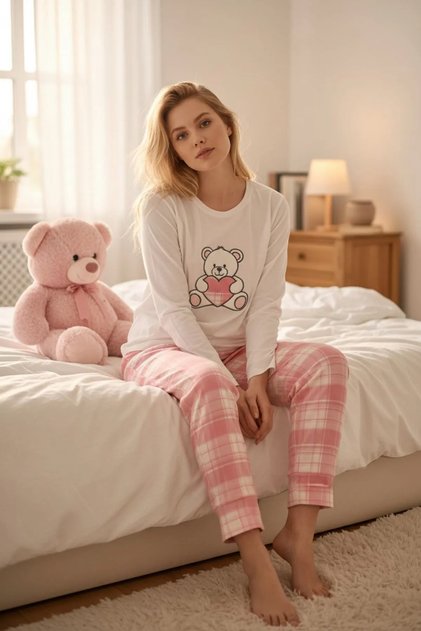Women's Teddy Bear Embroidered Heart Cotton Long Sleeve Transitional Valentine's Day Gift Pajama Set