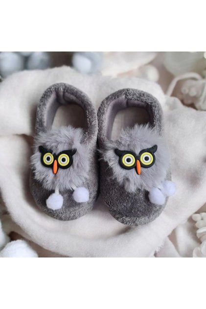 Erkek Çocuk Hayvan Figürlü Gri Panduf Kışlık Yumuşak Peluş Ev Kreş Ayakkabısı