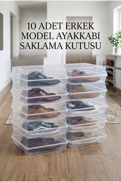 10'lu Erkek Model Şeffaf Ayakkabı Saklama Kutusu İstiflenebilir Kapaklı Ayakkabılık Organizer