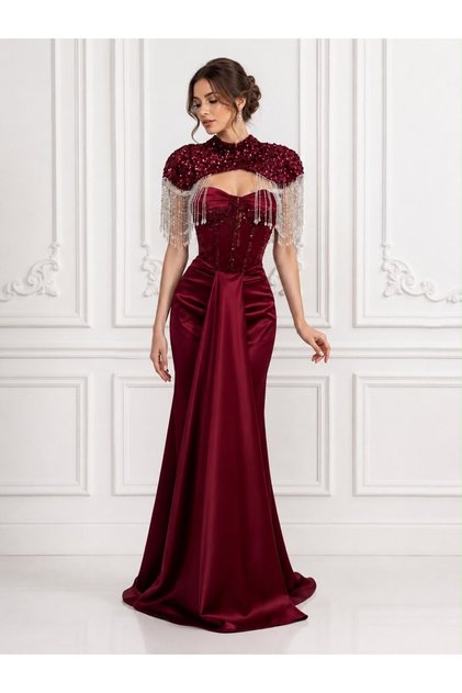 Burgundy Taffeta Evening Gown with Embroidered Cape and Silver Fringe