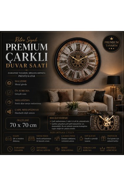 Retro Siyah Premium 70 x 70 cm Çarklı Duvar Saati