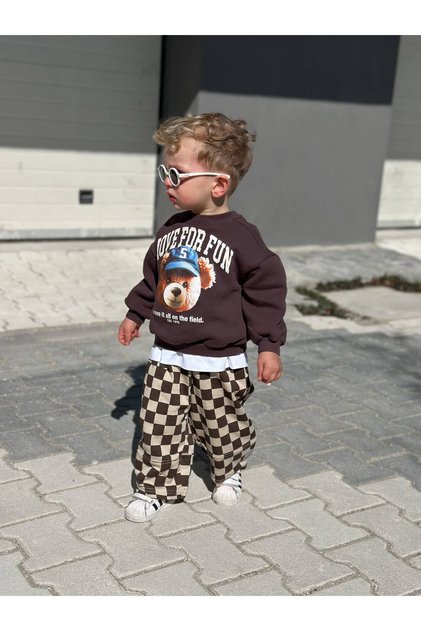 Boy's Brown Bear Printed 3-Yarn Oversize Sweatshirt & Plaid Pants Set