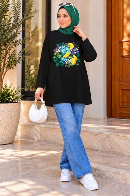 Women's Hijab Tunic Lemon Patterned Floral Printed Long Sleeve Loose Comfortable Fit Daily Sports Tunic