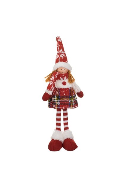 Figurina decorativa de Craciun, ingeras cu rochie rosie in carouri, 35 cm, textila