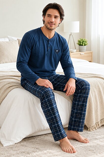 Men's Pajama Set, Openend Single Jersey Cotton, 30/1 Seasonal Fabric, Long Sleeve, Buttoned Collar, Navy Blue Plaid Pattern