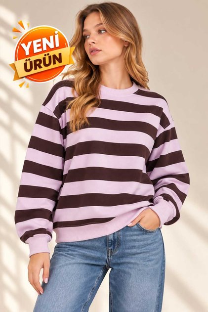 Yeni Sezon %100 Pamuk Oversize Çizgili Bisiklet Yaka Kadın Sweatshirt – Yumuşak Dokulu Rahat Kalıp