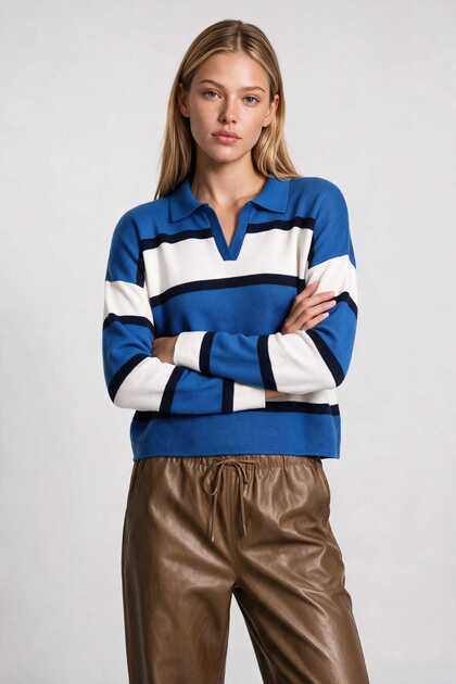 Polo Collar Striped Knitwear Sweater Lnt0047 Blue Dark Blue
