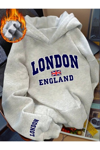 Unisex London Detail Printed Premium Hooded 2 Thread Oversize Sweatshirt Hoodie