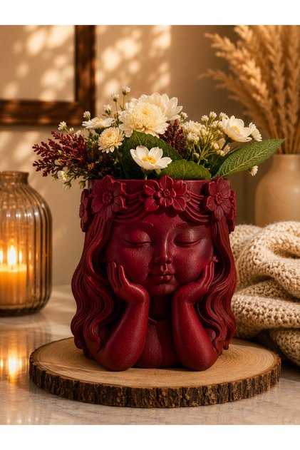 Dekoratif Kız Figürlü Vazo ve Saksı – Çiçek Taçlı Kız biblo Dekor 13x13x13 cm