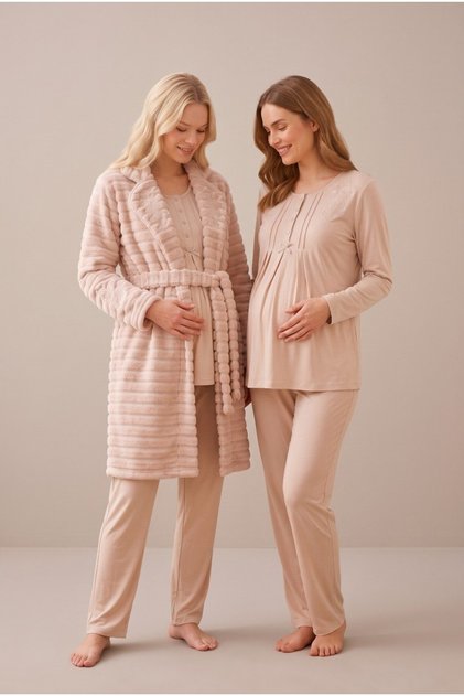 Women's Beige Lace Long Sleeve New Season Winter Maternity Pajama Set with Easy Breastfeeding Dressing Gown