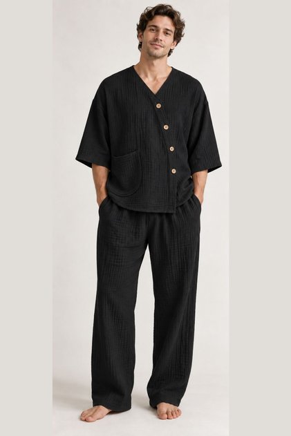 Men's Muslin Home Wear Black Pajama Set S-10Xl