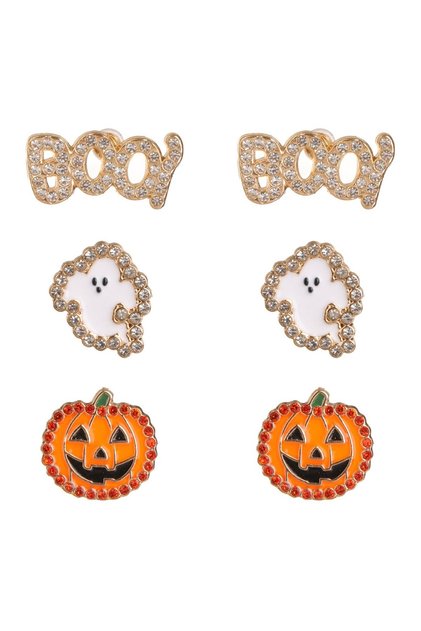 Cercei tip cui pentru Halloween, model dovleac si fantoma Boo, 3 perechi, aurii si argintii cu