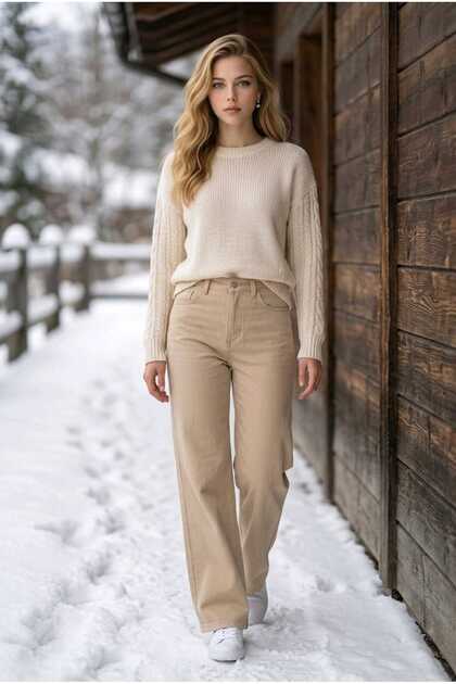 Cream Palazzo Jeans - High Waist, Soft Lycra, Stretchy, Wide Legs, Women's Jeans with Very Strong Seams