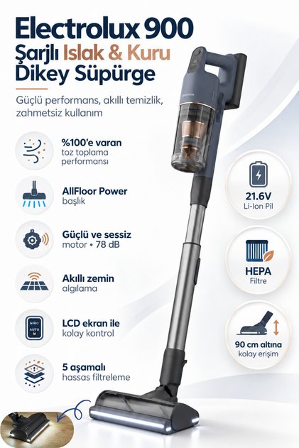 Ultimate Şarjlı Dikey Süpürge, AllFloor Power Başlık, Islak Kuru Temizlik, HEPA Filtre, LCD Ekran, 21.6V Li-Ion Pil, 78 dB Sessiz Motor, Akıllı Zemin Algılama