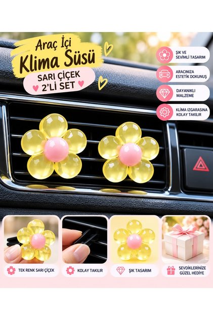 Yellow flower 2-piece set car interior air conditioner ornament - decorative vent ornament with pink belly