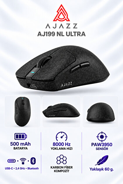 AJ199 NL Ultra PAW3950 8000 Hz Kablosuz Oyuncu Mouse Siyah