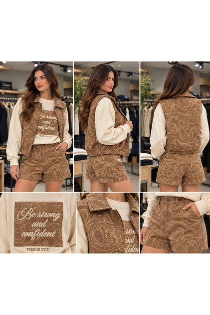 Kadın Kahverengi Desenli 3'lü Şortlu Yelekli Sweatshirt Takım