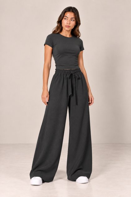 Women's Wide Leg Pants with Elastic Waistband and Front Drawstring for Enhanced Waist Control