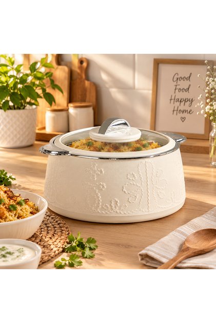 Casserole PUF Insulated |Inner Stainless Steel |Anti Lock Lid Toughened Glass | Hot Box Dishes, 2L, Ivory