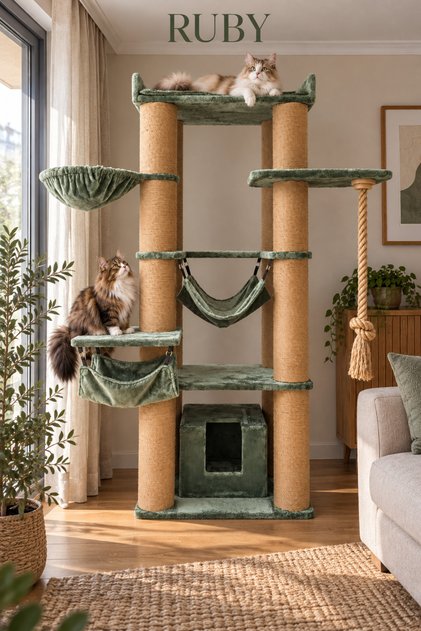 Ruby, Dev Boy Çok Katlı Kedi Tırmalama Ağacı ve Evi, 190x155x70 cm, Wellsoft Kumaş ve Doğal Jütlü Kedi Ağacı