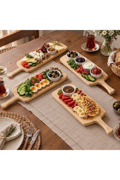 Ağaç Tasarım Doğal Ahşap Sunum Tahtası & Kesme Tahtası 39 cm - Masif Ahşap Peynir ve Kahvaltı Sunumluğu Seti