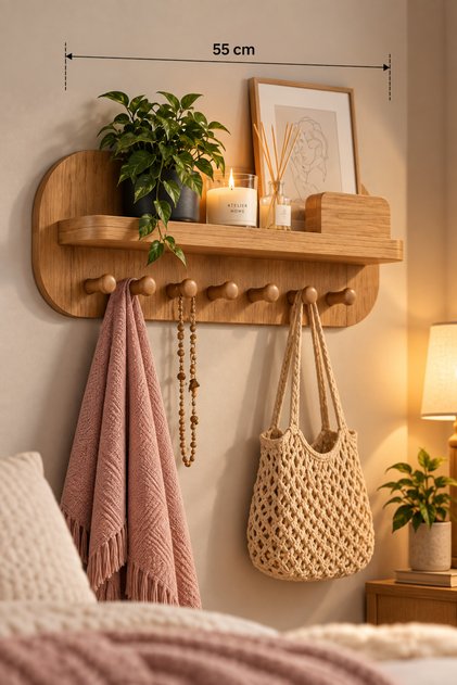 55 Cm Ahşap Duvar Rafı Askılık Banyo Mutfak Havluluk Dekoratif Çok Amaçlı Düzenleyici
