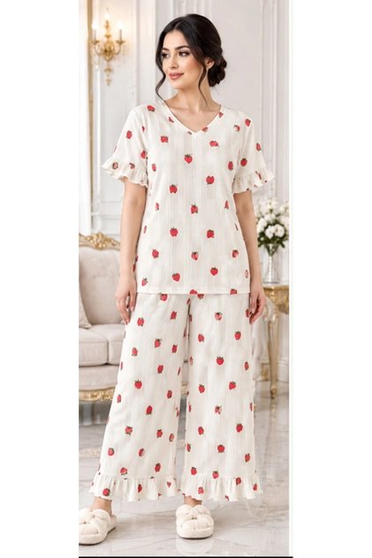 🍓 Strawberry Print Beige Cotton Pajama Set