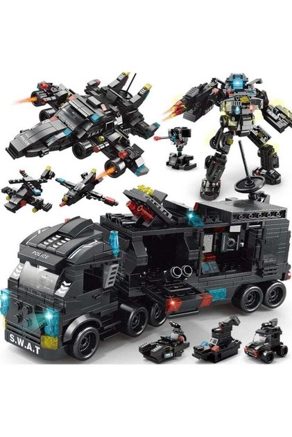 City Police Station Building Kit, Building Block Robot 27 in1 SWAT Police Command Truck Building Kit for Kids City Helicopter Bricks Kit Educational Toys
