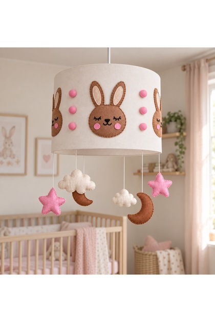 Tavşanlı Bebek Odası Avize Krem Pembe Ay Yıldız Bulut Sarkıtlı Çocuk Odası Avizesi