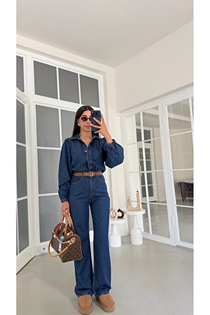 Koyu Mavi Kemerli Premium Denim Tulum GAUS-02123