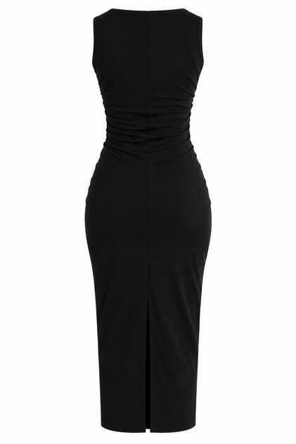 Black Draped Detailed Midi Slit Dress - 2Y0506