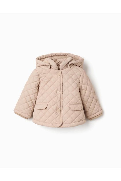 Hooded Quilted Jacket With Polar Fleece Lining For Newborns, Beige