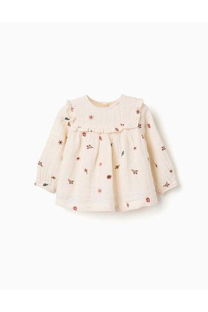 Long-Sleeve Cotton Blouse For Baby Girls, White