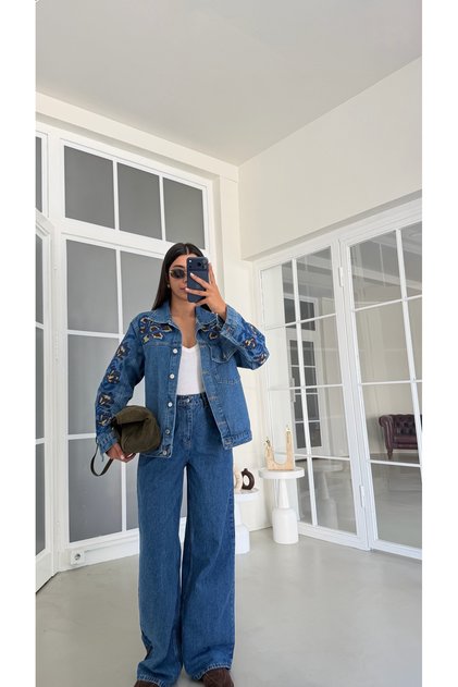 Mavi Nakışlı Cep Detaylı Tasarım Denim Takım GAUS-02117