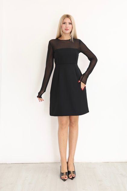 Women's Tulle Detailed Long Sleeve Mini Dress – Stylish Evening Dress & Event Dress with Waist Accents
