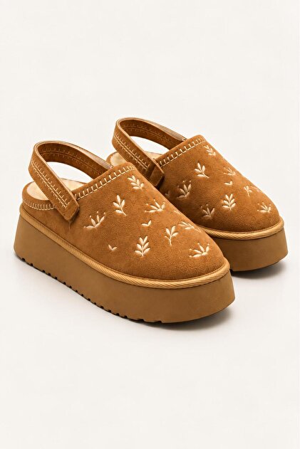 Emilia Tan Suede Women's Daily Wear Slippers with Embroidery, Thick Sole, Fur Inside, Back Strap, and Velcro Detail.
