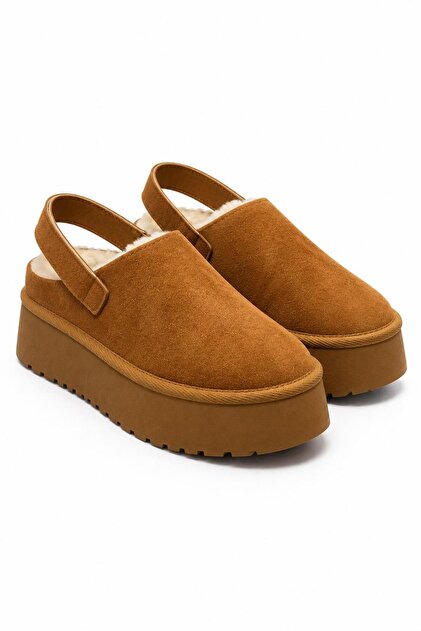 Estella Tan Suede Women's Daily Flat Thick Sole Fur Inside, Back Strap, Velcro Detail, Inside-Out Sabo Slippers