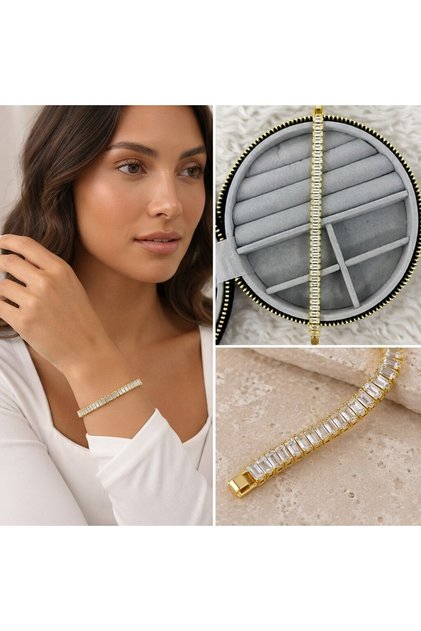 💎 Premium Shiny and Stylish Baguette Stone Gold Color 316L Steel Women's Bracelet (~20Cm)