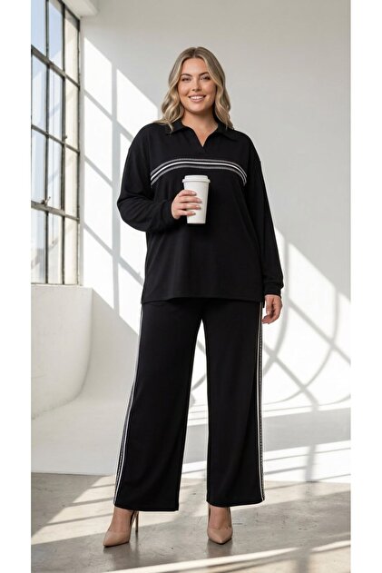 Women's Plus Size Long Sleeve Stone Detailed Tracksuit Set 8309-27