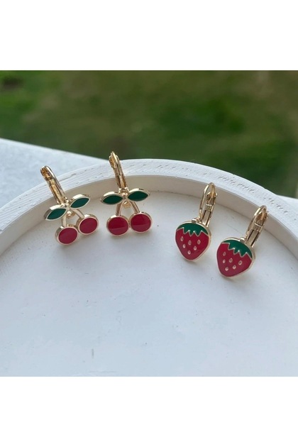 Children's Earring Set with Cherries and Strawberries, 2-Piece Strawberry Cherry Design Children's Earrings
