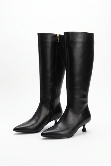 Women's Knee-Length Goblet Heeled Pointed Toe Zippered Long Boots - Mirella - Black