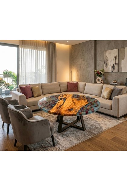 Epoksi Reçine & Doğal Ahşap Yuvarlak Sehpa – Özel Tasarım Dekoratif Orta Sehpa 110 cm